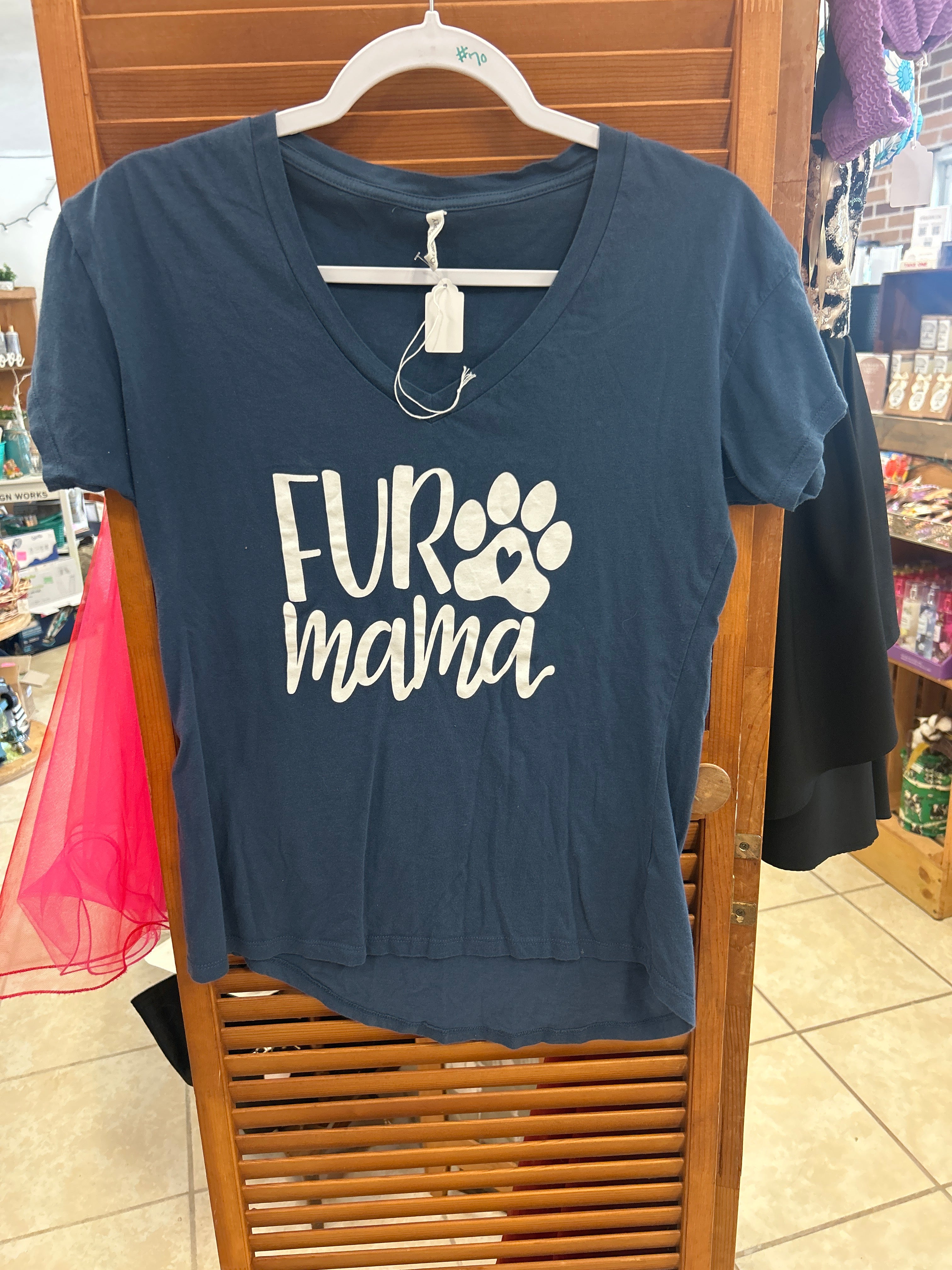 Navy Blue Fur Mama Womens V-neck T-shirt. Small