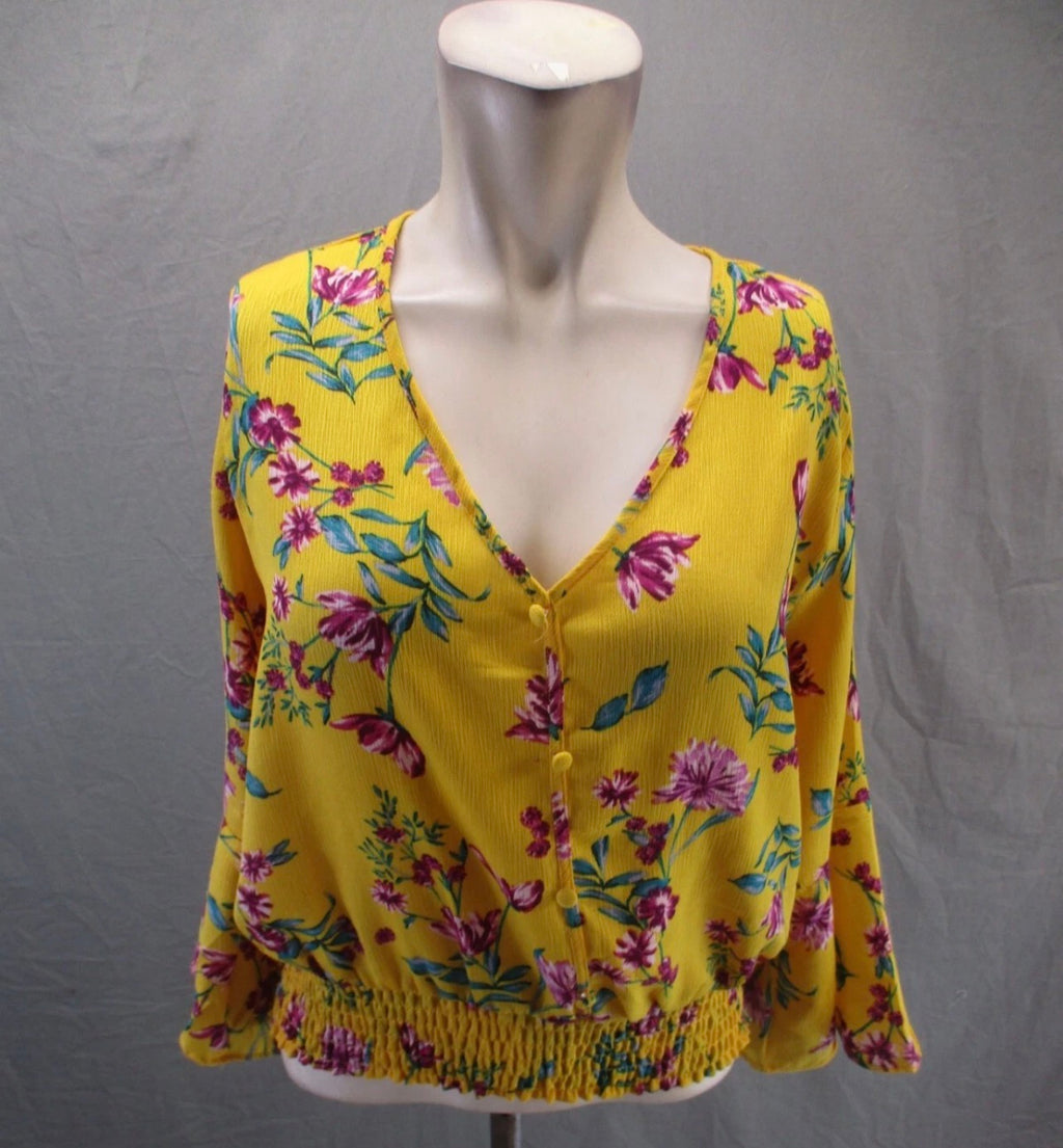 KAII Los Angeles Size S Womens Plunging Long Bell Sleeve Stretch Hem Blouse SMALL