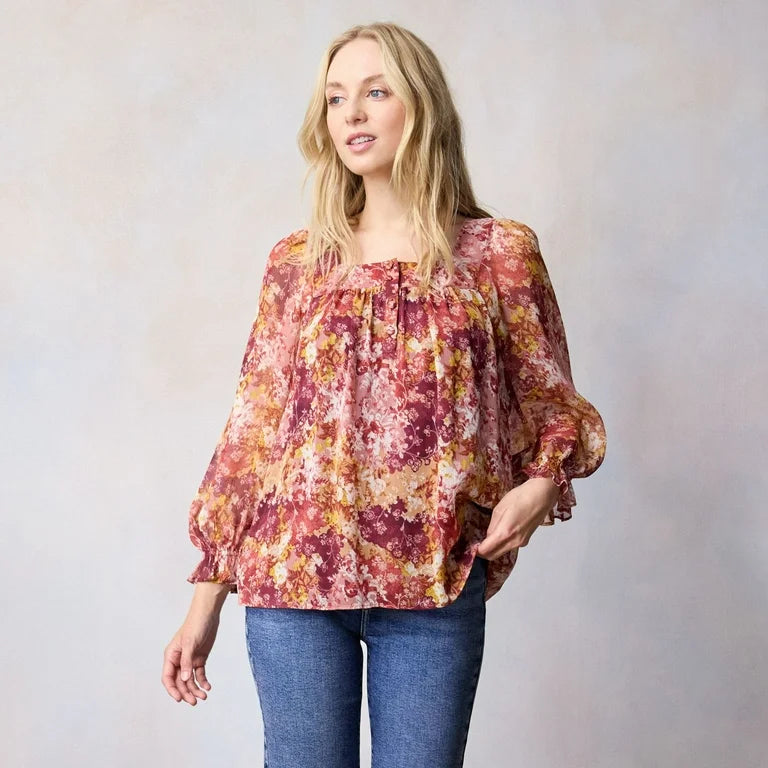 Lauren Conrad Henley Puff Sleeve Peasant Top SMALL