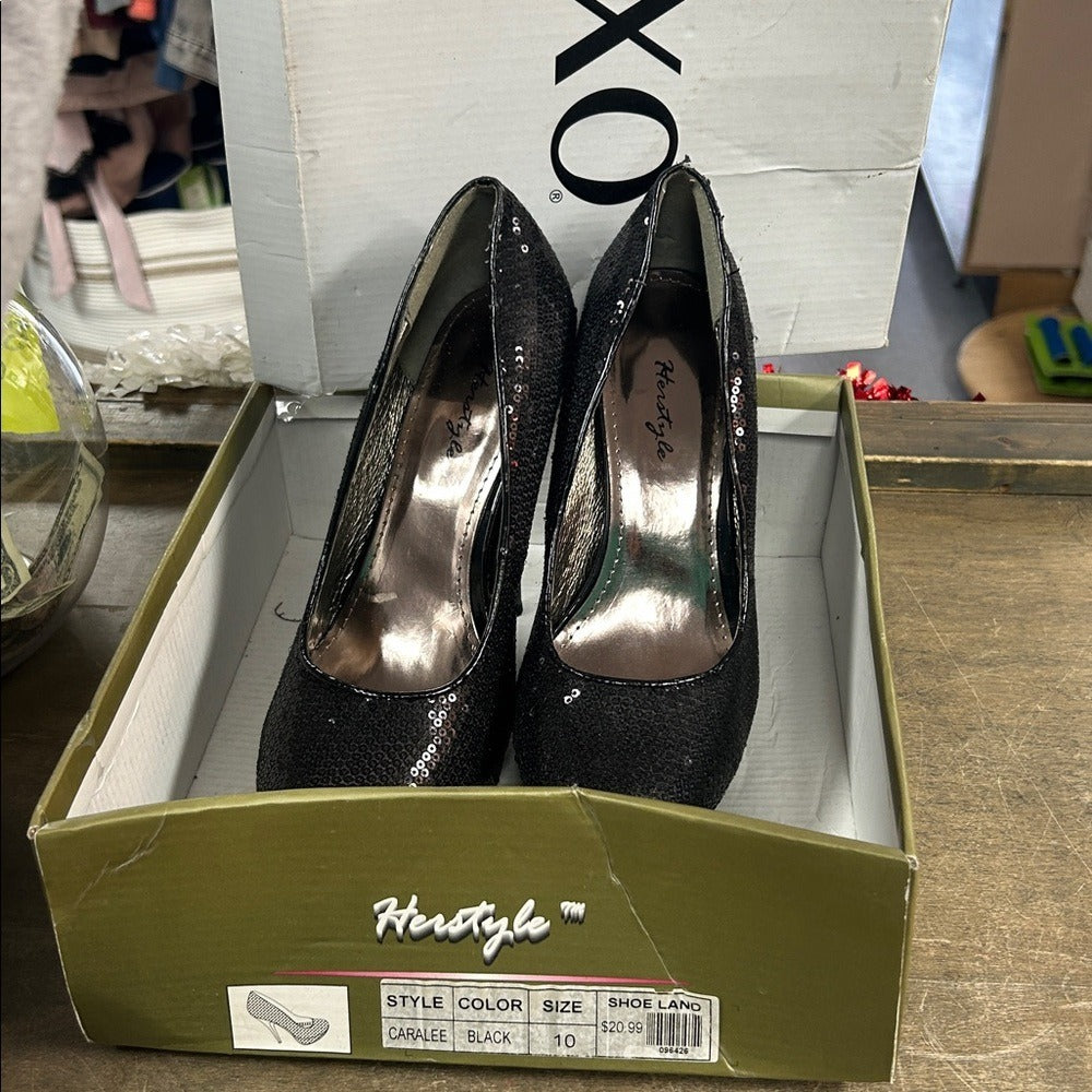 Sequin platform pumps, Herstyle Carlee black stiletto heels, size 10 new w box