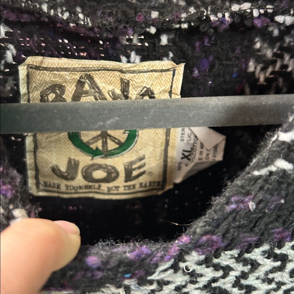 Acrylic woven hoodie, Baja Joe Mexican Poncho, Black/Purple/ White XL